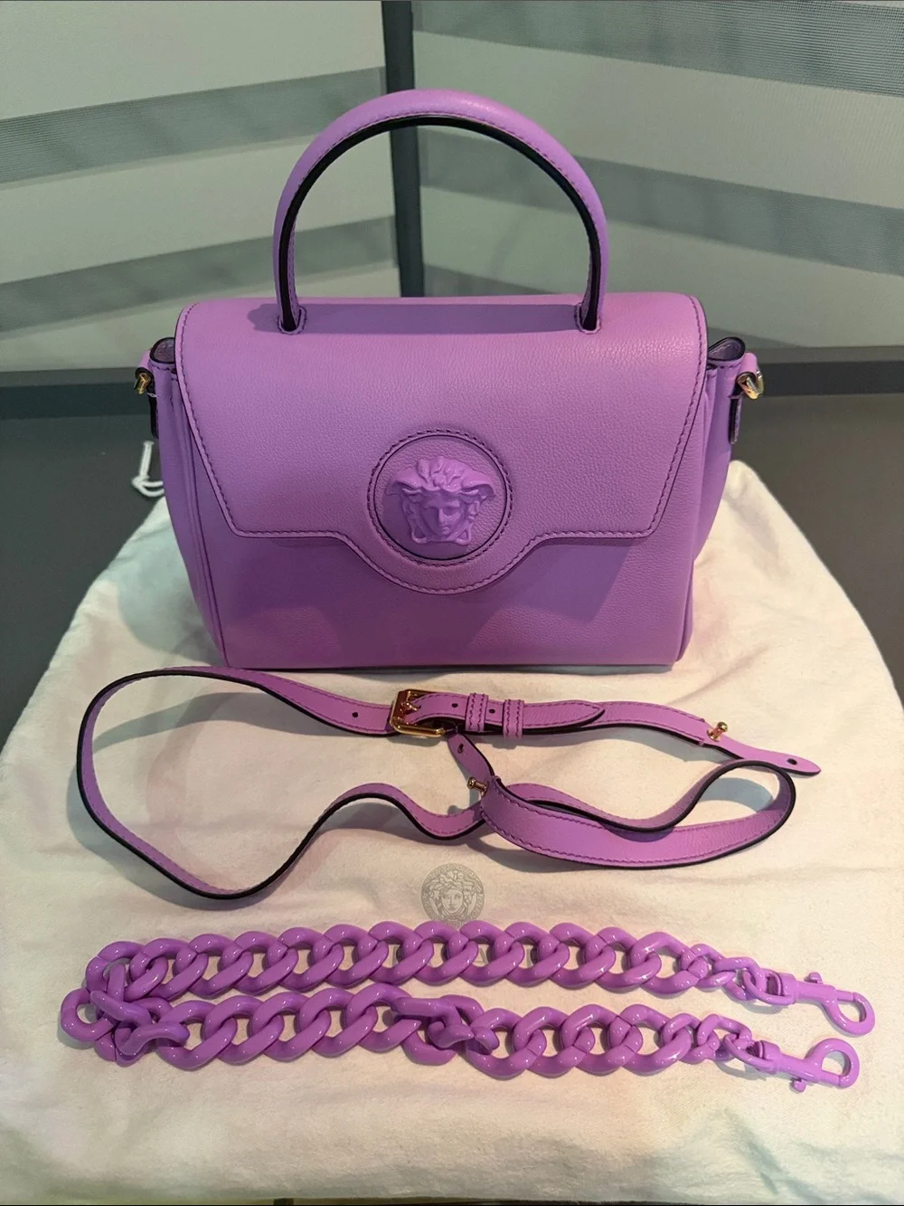 Versace Lavender Leather Top-Handle Bag with Medusa Emblem